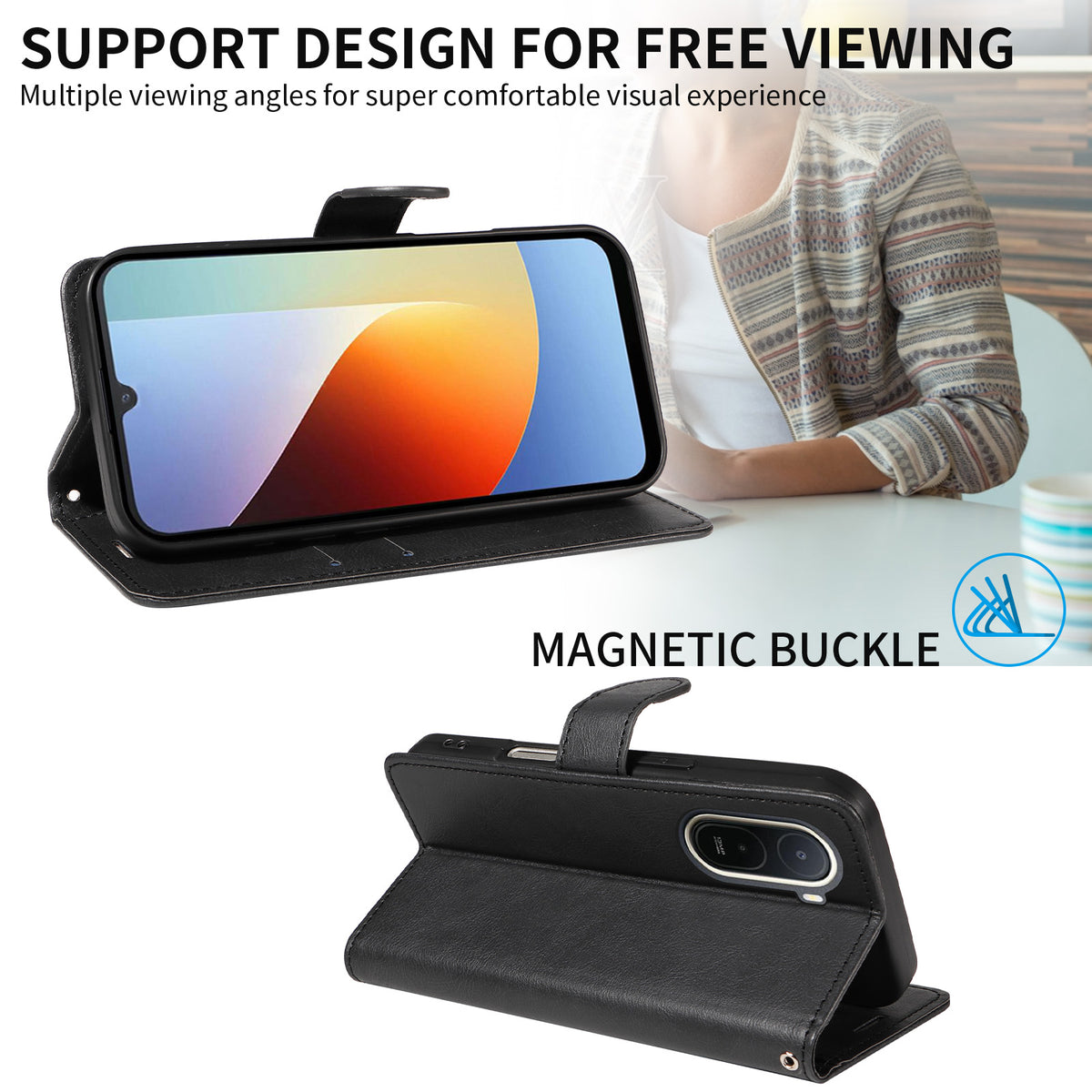For Xiaomi Poco C85x 5G / Redmi A7 Pro 4G (171.56mm) Leather Wallet Case with Strap Solid Color Phone Stand Cover