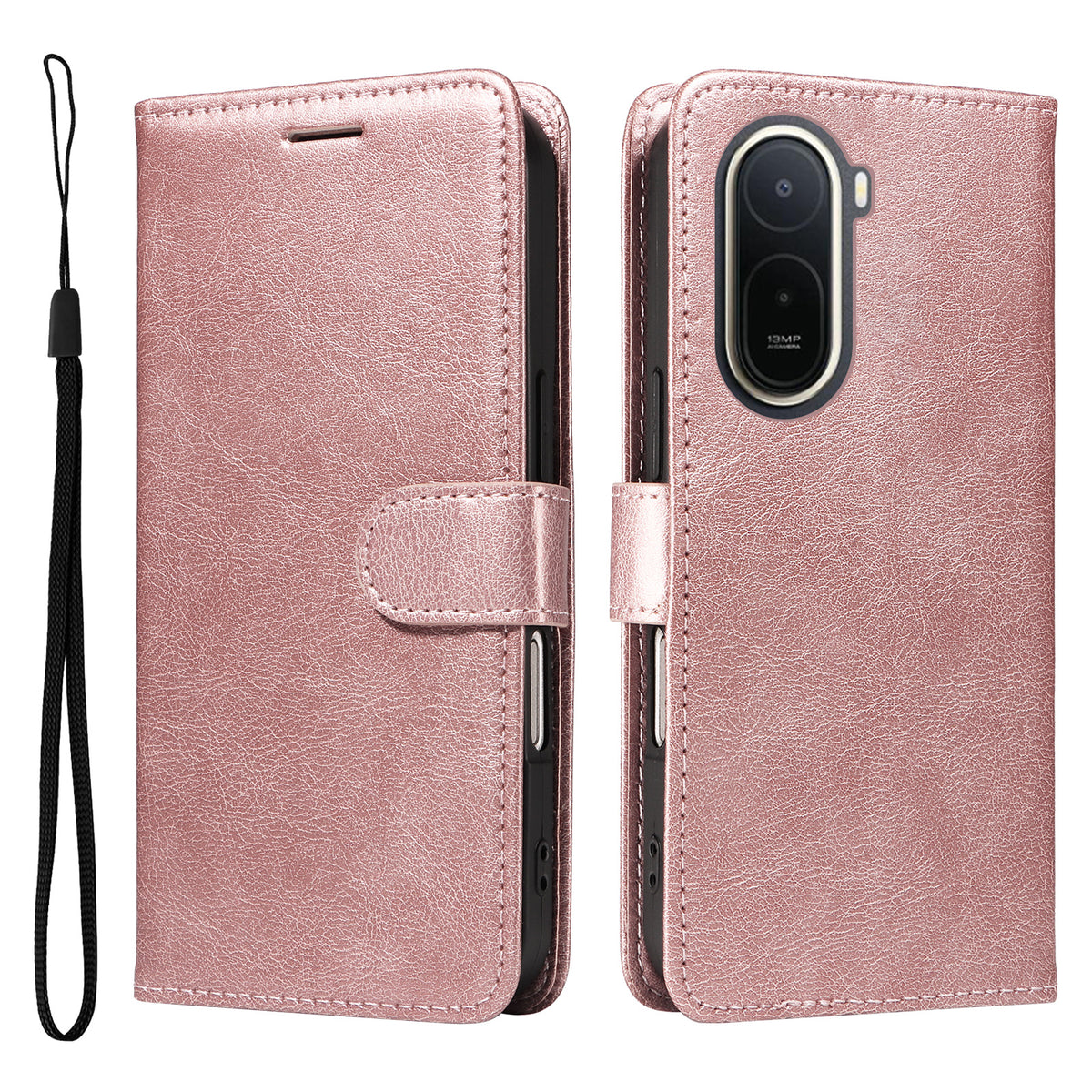 For Xiaomi Poco C85x 5G / Redmi A7 Pro 4G (171.56mm) Leather Wallet Case with Strap Solid Color Phone Stand Cover