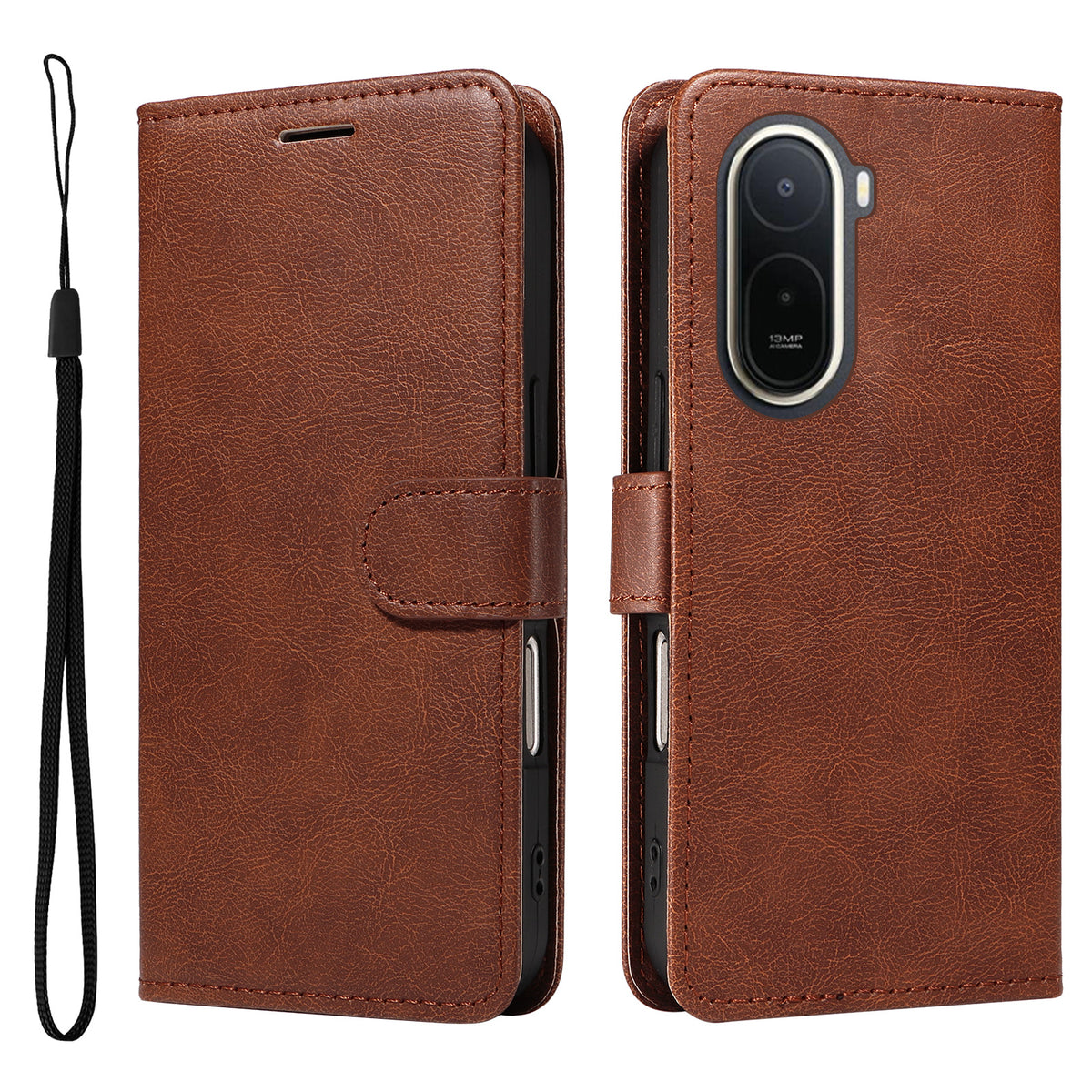 For Xiaomi Poco C85x 5G / Redmi A7 Pro 4G (171.56mm) Leather Wallet Case with Strap Solid Color Phone Stand Cover