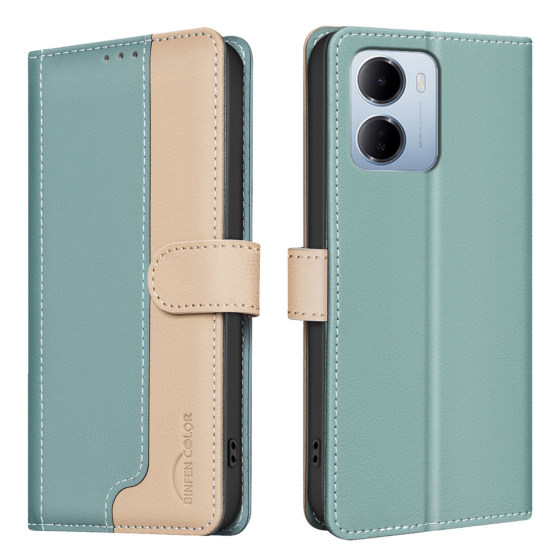 BINFEN COLOR för Xiaomi Redmi 15a 5G Läderfodral Skarvningsfärg RFID-blockerande plånboksfodral med stativ