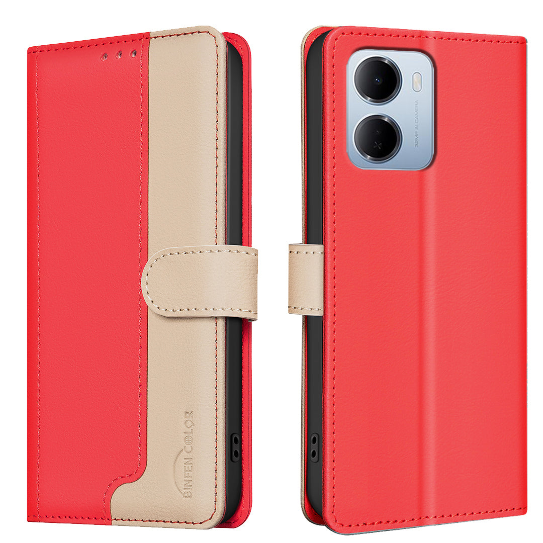BINFEN COLOR för Xiaomi Redmi 15a 5G Läderfodral Skarvningsfärg RFID-blockerande plånboksfodral med stativ