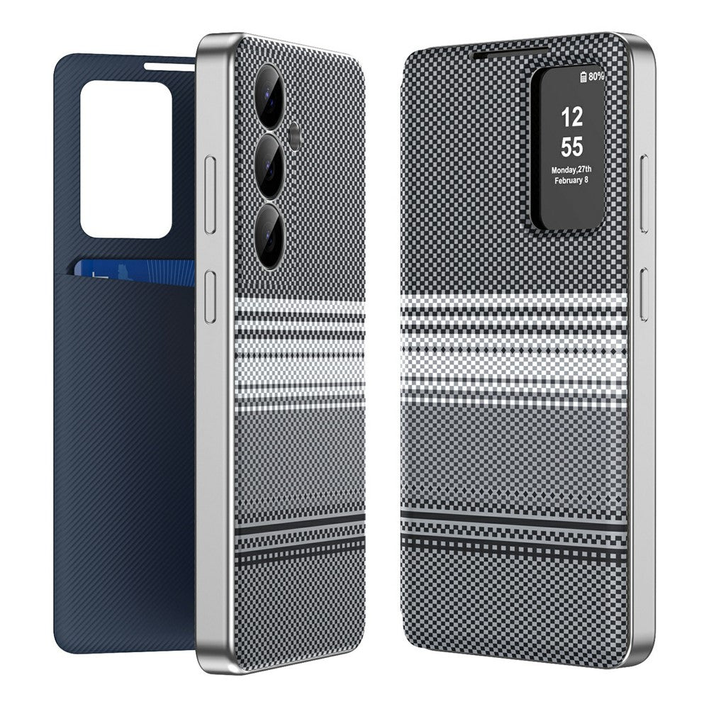 For Samsung Galaxy S25 Case Card Slot View Window Gradient Color Checkered Pattern Leather Phone Cover