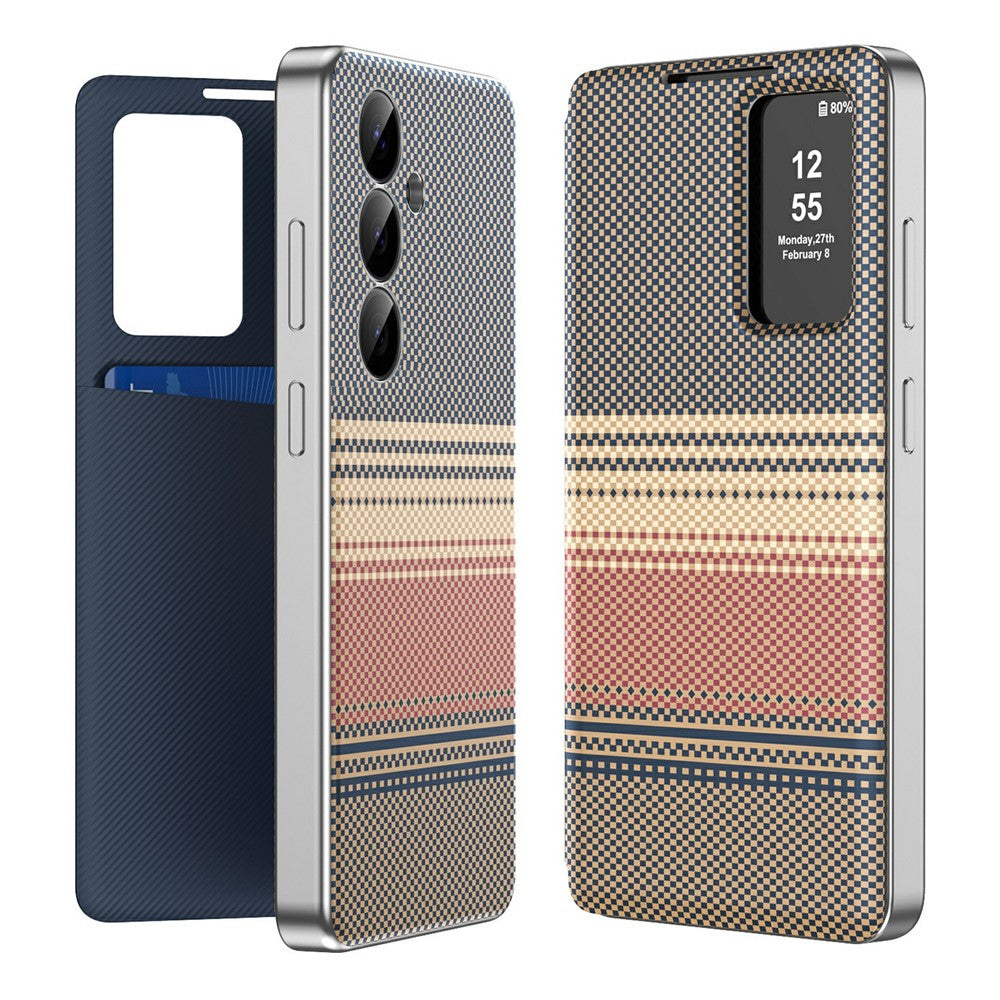For Samsung Galaxy S25 Case Card Slot View Window Gradient Color Checkered Pattern Leather Phone Cover