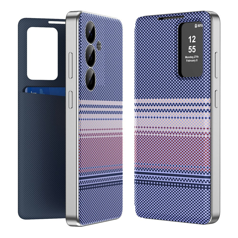 For Samsung Galaxy S25 Case Card Slot View Window Gradient Color Checkered Pattern Leather Phone Cover