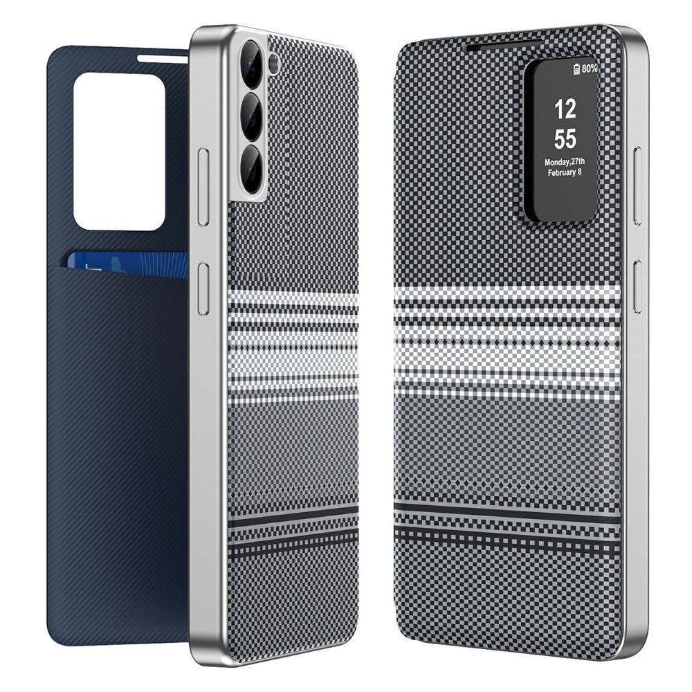 For Samsung Galaxy S22 5G Case Card Slot View Window Gradient Color Checkered Pattern Leather Phone Cover