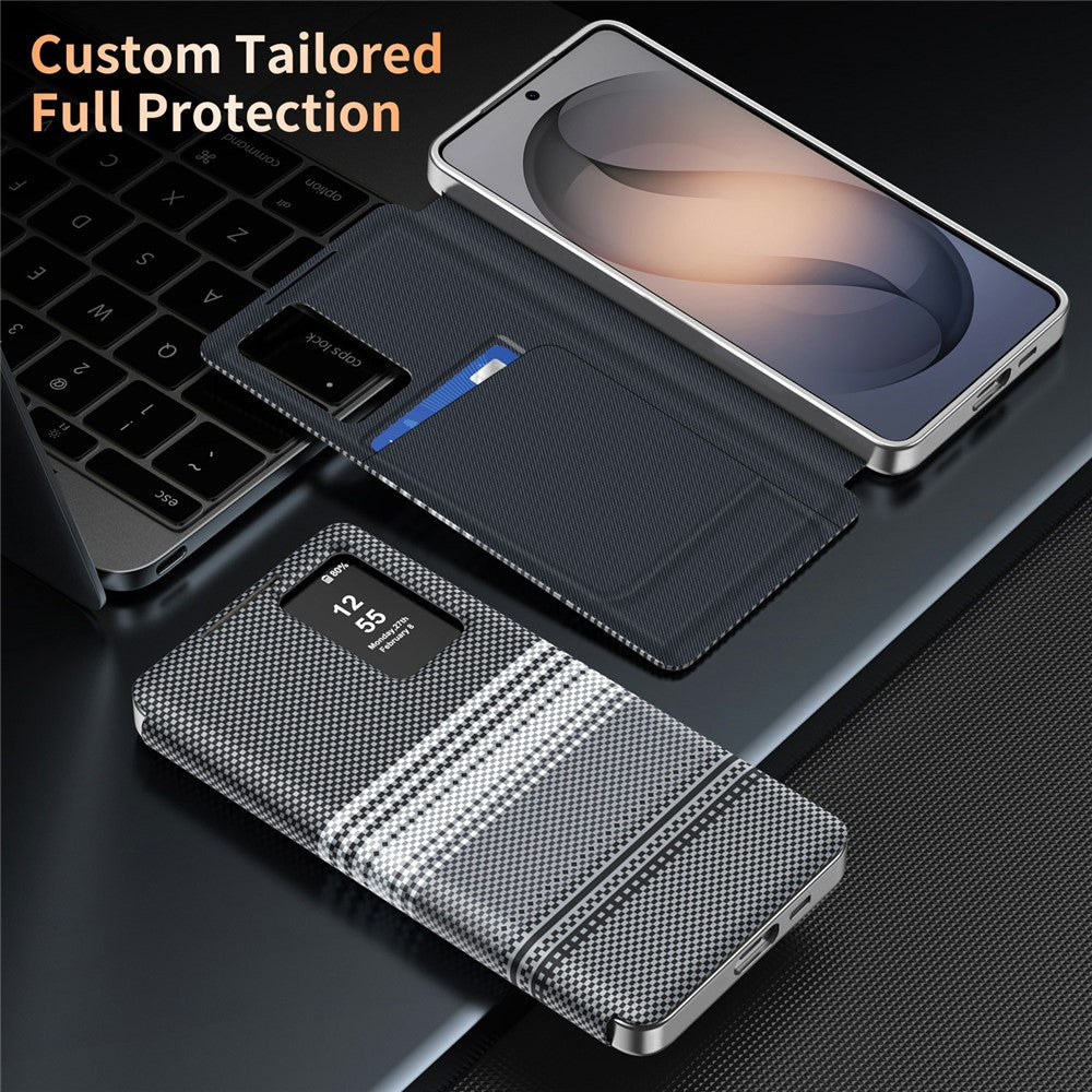 For Samsung Galaxy S22 5G Case Card Slot View Window Gradient Color Checkered Pattern Leather Phone Cover