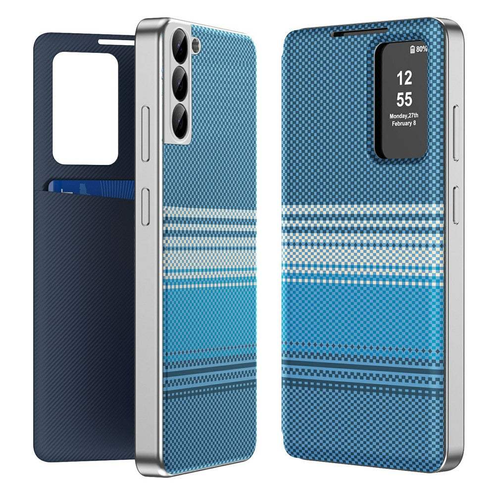 For Samsung Galaxy S22 5G Case Card Slot View Window Gradient Color Checkered Pattern Leather Phone Cover