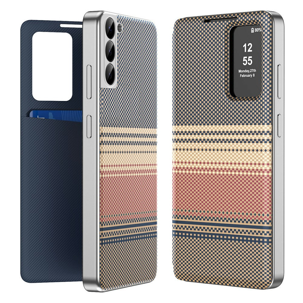 For Samsung Galaxy S22 5G Case Card Slot View Window Gradient Color Checkered Pattern Leather Phone Cover