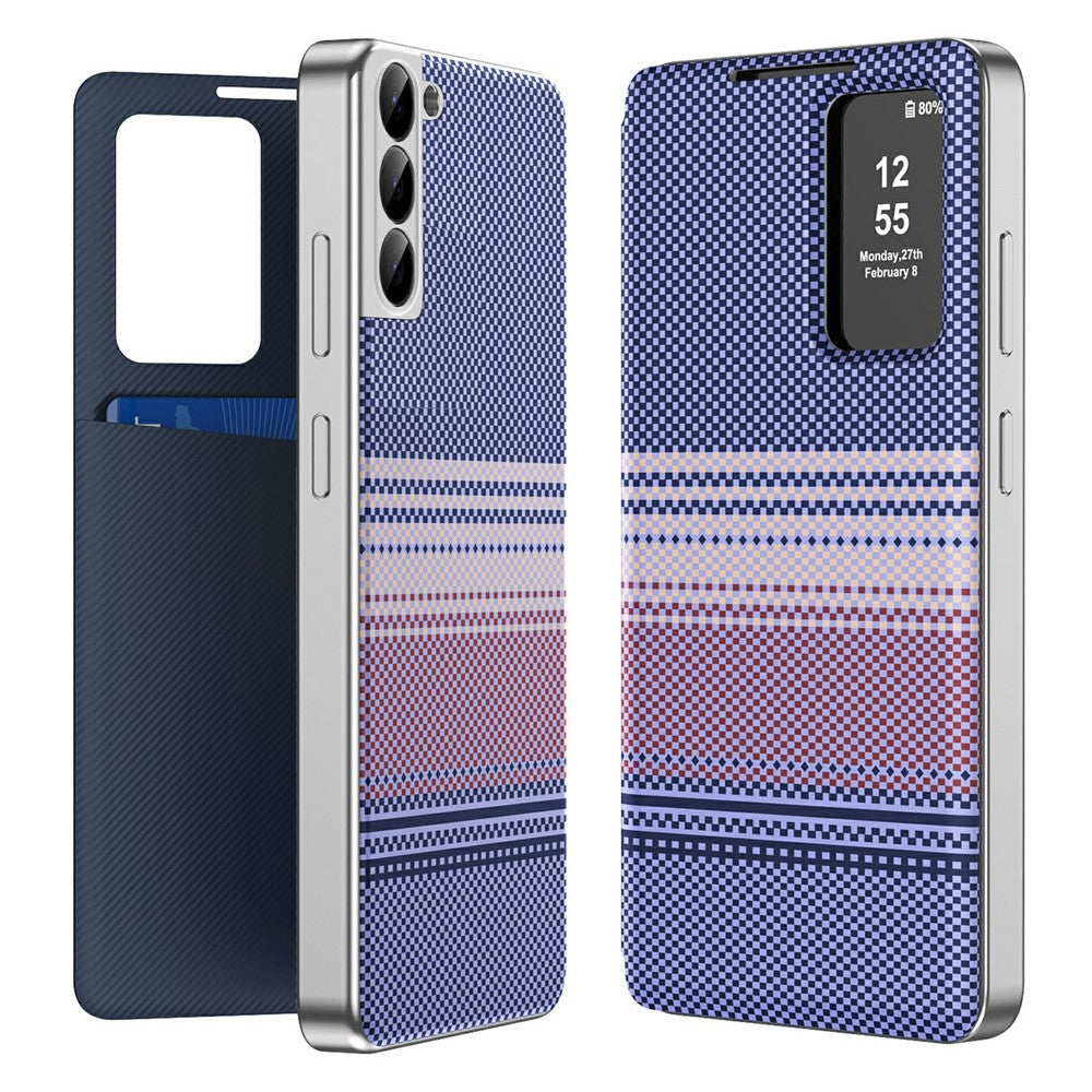 For Samsung Galaxy S22 5G Case Card Slot View Window Gradient Color Checkered Pattern Leather Phone Cover