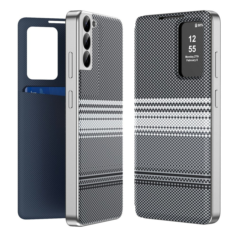 For Samsung Galaxy S22+ 5G Case Card Slot View Window Gradient Color Checkered Pattern Leather Phone Cover