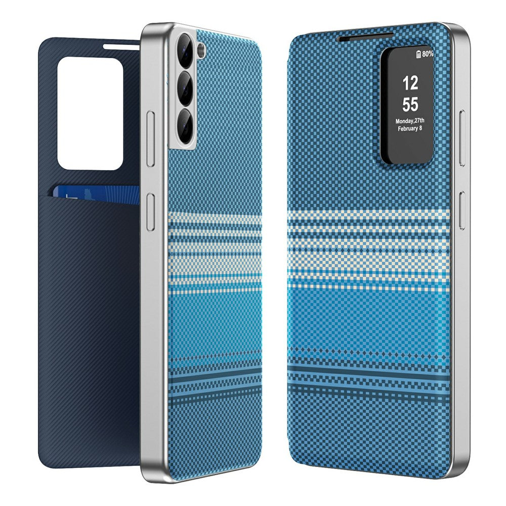 For Samsung Galaxy S22+ 5G Case Card Slot View Window Gradient Color Checkered Pattern Leather Phone Cover