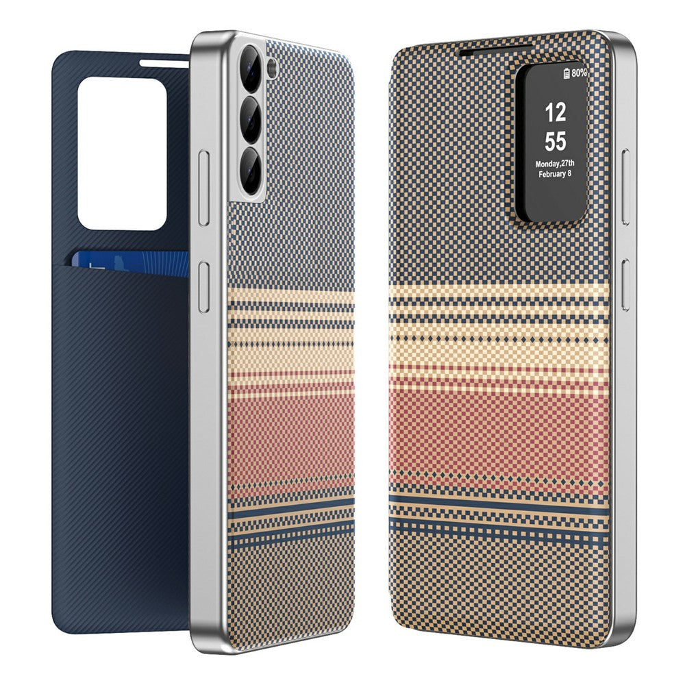 For Samsung Galaxy S22+ 5G Case Card Slot View Window Gradient Color Checkered Pattern Leather Phone Cover