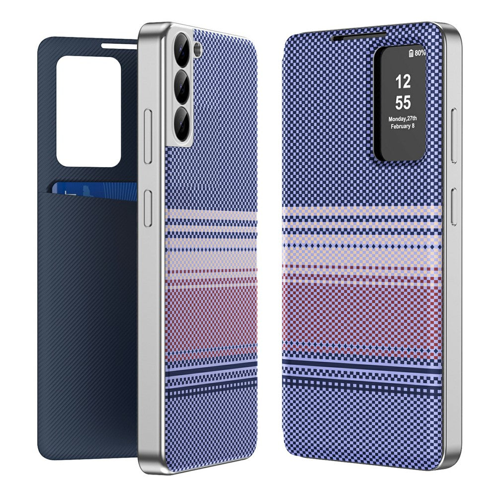 For Samsung Galaxy S22+ 5G Case Card Slot View Window Gradient Color Checkered Pattern Leather Phone Cover