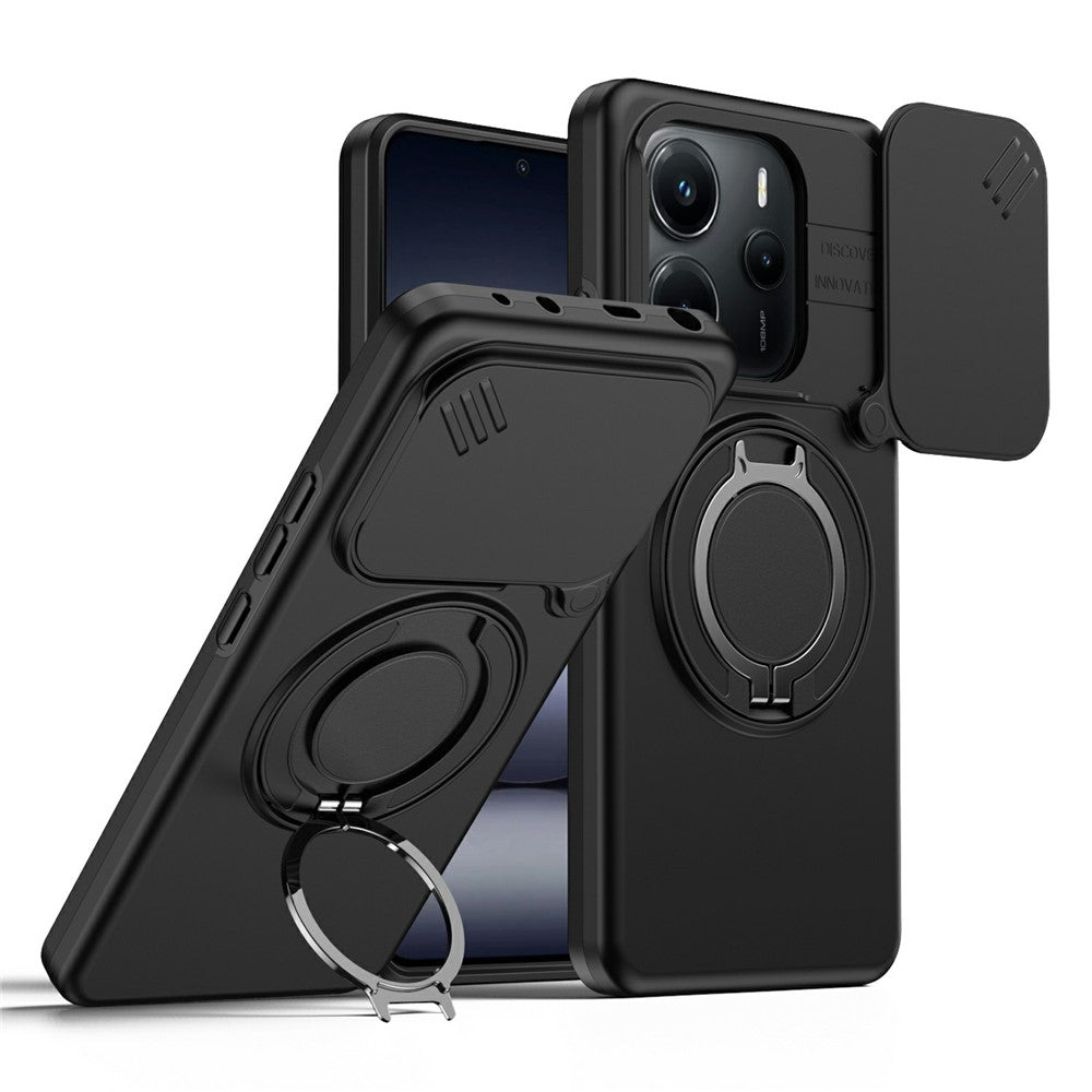 For Xiaomi Redmi Note 14 5G / Note 14 4G (163.25mm) Magnetic Case Ring Kickstand Slide Camera Cover TPU PC Hybrid Phone Shell