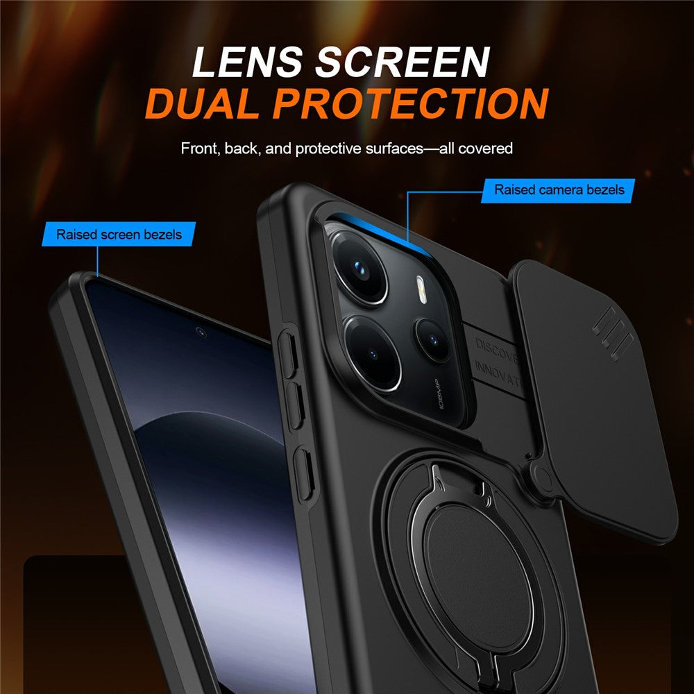 For Xiaomi Redmi Note 14 5G / Note 14 4G (163.25mm) Magnetic Case Ring Kickstand Slide Camera Cover TPU PC Hybrid Phone Shell