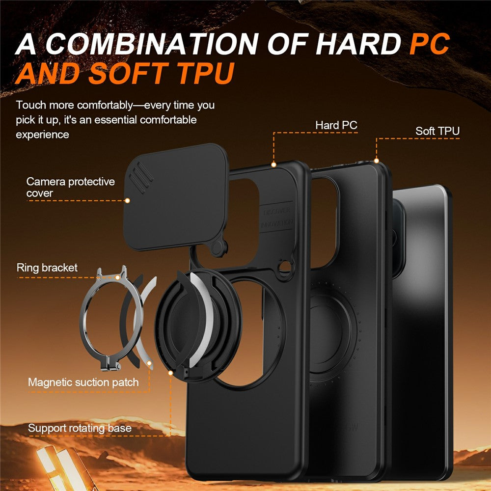 For Xiaomi Redmi Note 14 5G / Note 14 4G (163.25mm) Magnetic Case Ring Kickstand Slide Camera Cover TPU PC Hybrid Phone Shell