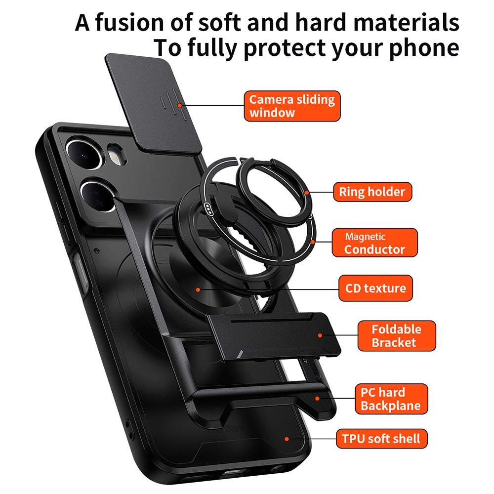 For Xiaomi Redmi 15a 5G Magnetic Case Ring Holder Foldable Kickstand TPU PC Phone Cover with Camera Lens Slider