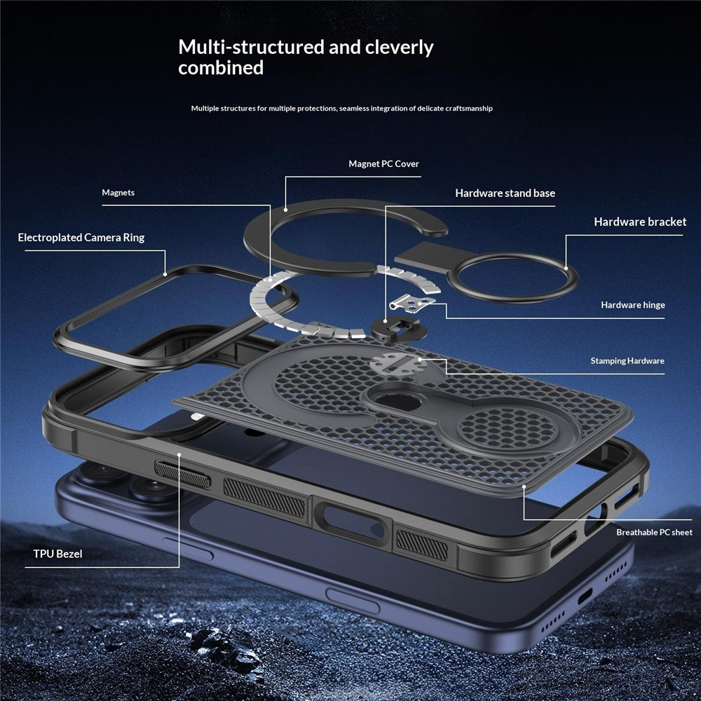 For iPhone 17 Pro Max Magnetic Case with 360° Rotating Ring Kickstand Heat Dissipation Honeycomb PC TPU Cover Compatible with Magsafe