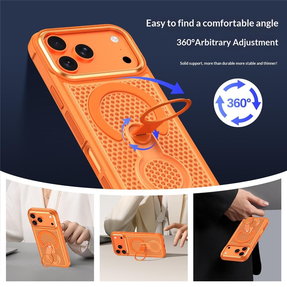 For iPhone 17 Pro Max Magnetic Case with 360° Rotating Ring Kickstand Heat Dissipation Honeycomb PC TPU Cover Compatible with Magsafe