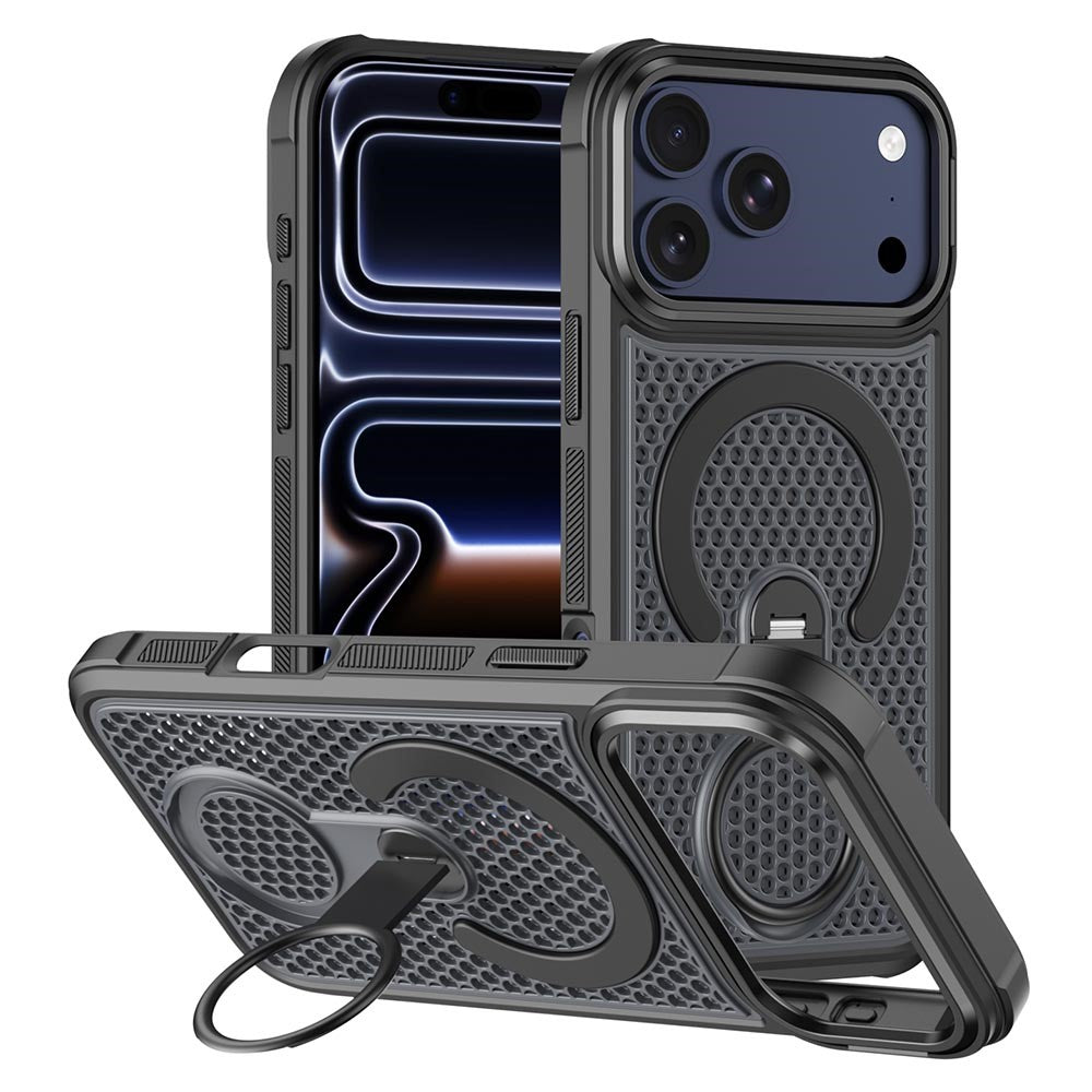 For iPhone 17 Pro Max Magnetic Case with 360° Rotating Ring Kickstand Heat Dissipation Honeycomb PC TPU Cover Compatible with Magsafe