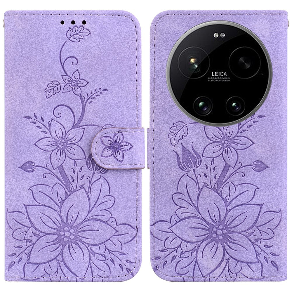 For Xiaomi 17 Ultra 5G Stand Case Lily Flower Imprint Leather Phone Cover with Wrist Strap