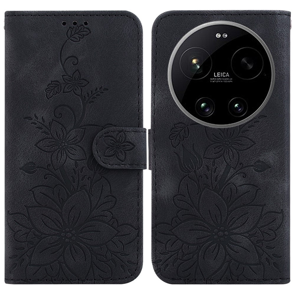 For Xiaomi 17 Ultra 5G Stand Case Lily Flower Imprint Leather Phone Cover with Wrist Strap