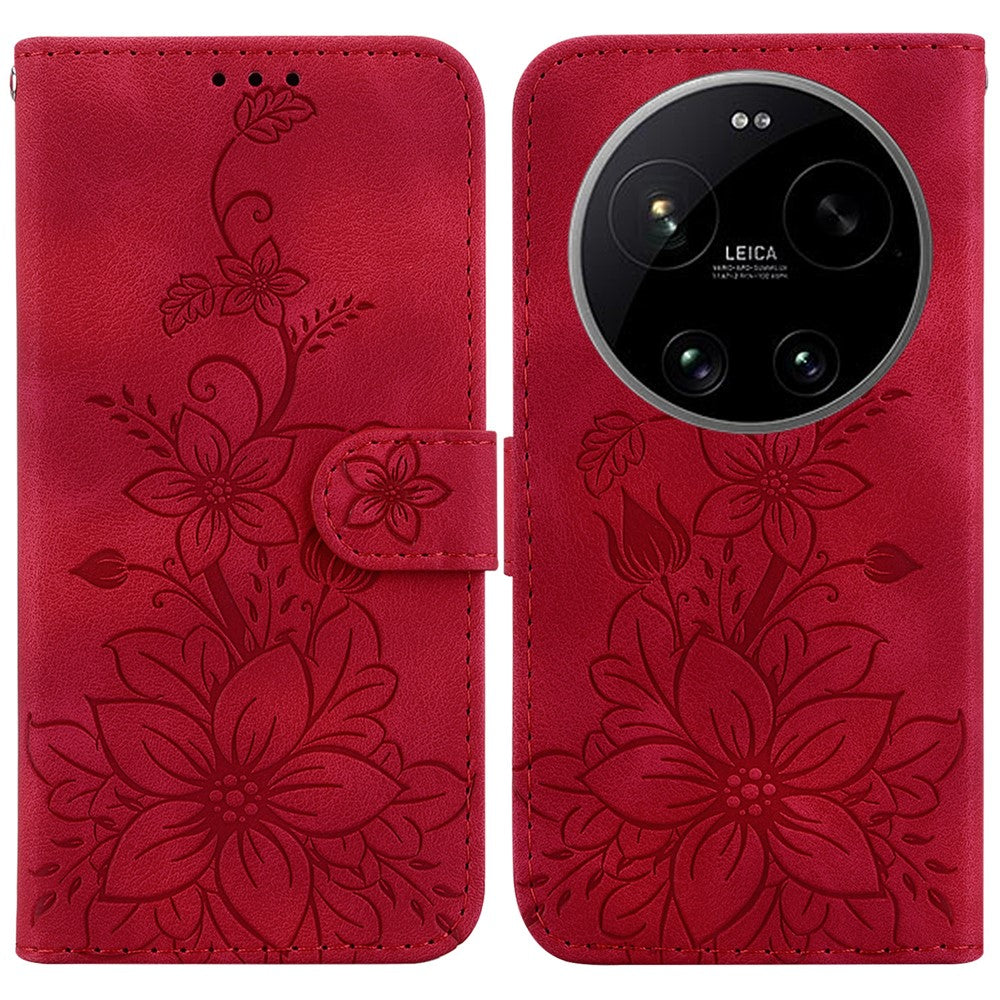 For Xiaomi 17 Ultra 5G Stand Case Lily Flower Imprint Leather Phone Cover with Wrist Strap