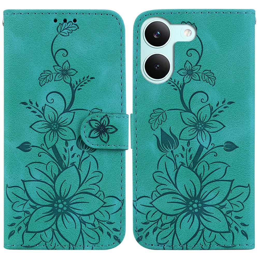 Stativfodral för Xiaomi Poco X8 Pro 5G / Redmi Turbo 5 5G Lily Flower Imprint Lädermobilskal med handledsrem