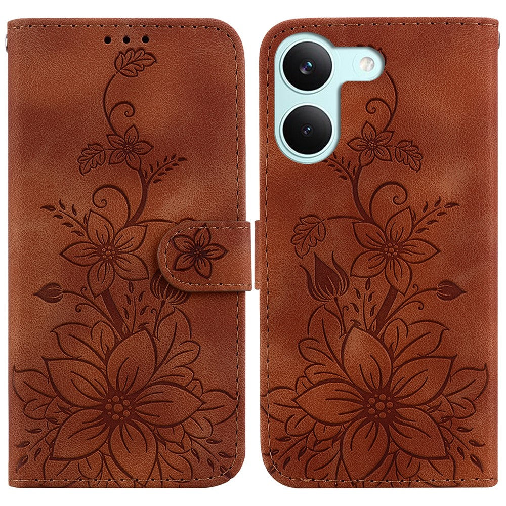 Stativfodral för Xiaomi Poco X8 Pro 5G / Redmi Turbo 5 5G Lily Flower Imprint Lädermobilskal med handledsrem