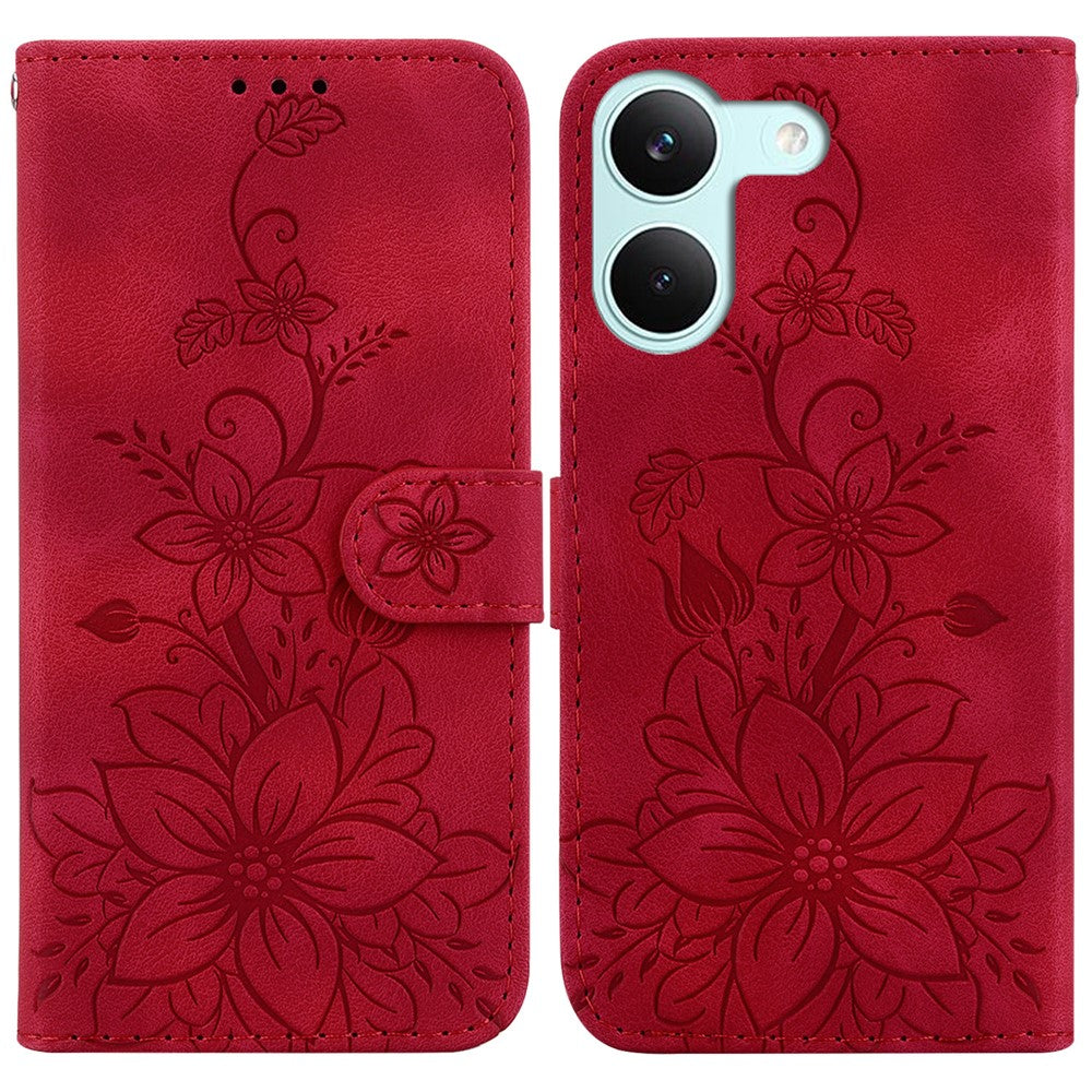 Stativfodral för Xiaomi Poco X8 Pro 5G / Redmi Turbo 5 5G Lily Flower Imprint Lädermobilskal med handledsrem