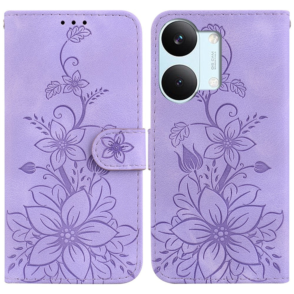 Stand Case For Xiaomi Poco X8 Pro Max 5G  /  Redmi Turbo 5 Max 5G Lily Flower Imprint Leather Phone Cover with Wrist Strap