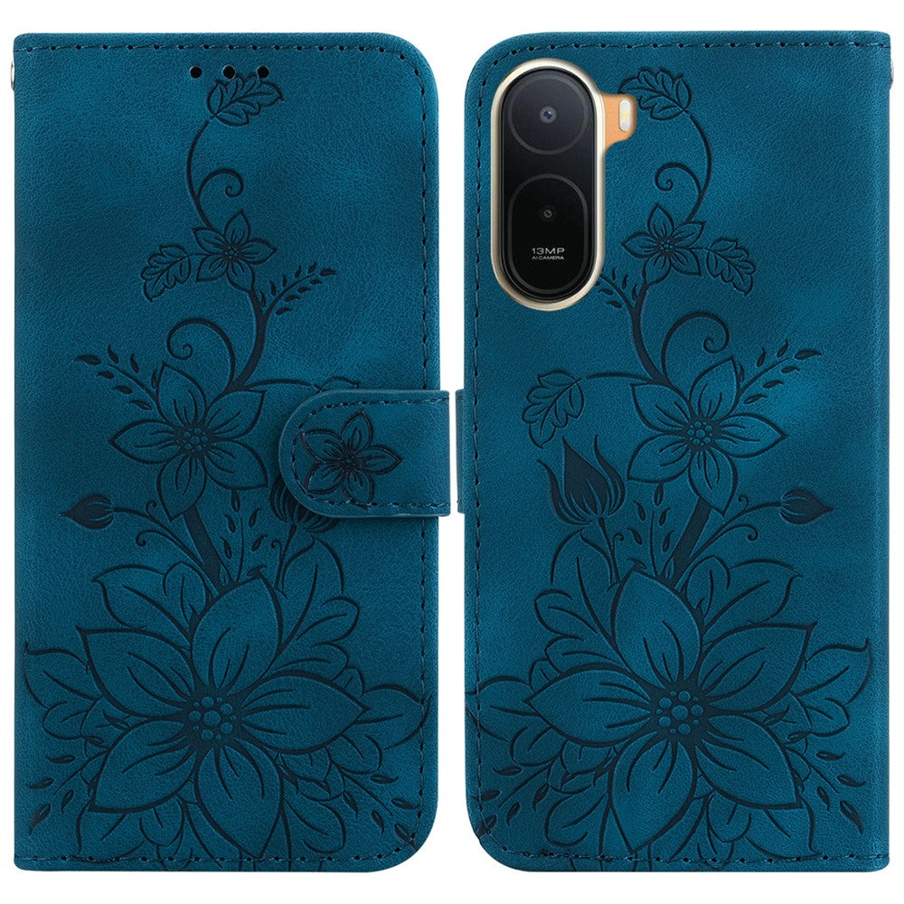 Stand Case For Xiaomi Poco C85x 5G / Redmi A7 Pro 4G (171.56mm) / Redmi A7 Pro 5G Lily Flower Imprint Leather Phone Cover with Wrist Strap