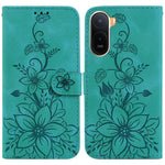 Stand Case For Xiaomi Poco C85x 5G / Redmi A7 Pro 4G (171.56mm) / Redmi A7 Pro 5G Lily Flower Imprint Leather Phone Cover with Wrist Strap