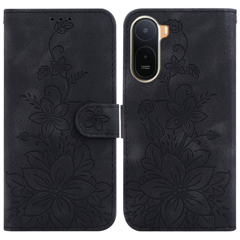 Stand Case For Xiaomi Poco C85x 5G / Redmi A7 Pro 4G (171.56mm) / Redmi A7 Pro 5G Lily Flower Imprint Leather Phone Cover with Wrist Strap