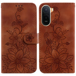 Stand Case For Xiaomi Poco C85x 5G / Redmi A7 Pro 4G (171.56mm) / Redmi A7 Pro 5G Lily Flower Imprint Leather Phone Cover with Wrist Strap
