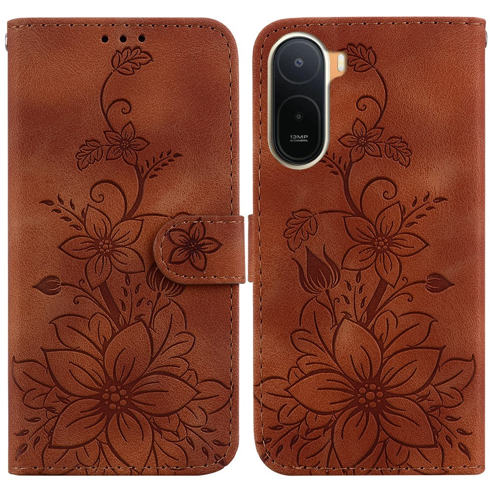 Stand Case For Xiaomi Poco C85x 5G / Redmi A7 Pro 4G (171.56mm) / Redmi A7 Pro 5G Lily Flower Imprint Leather Phone Cover with Wrist Strap