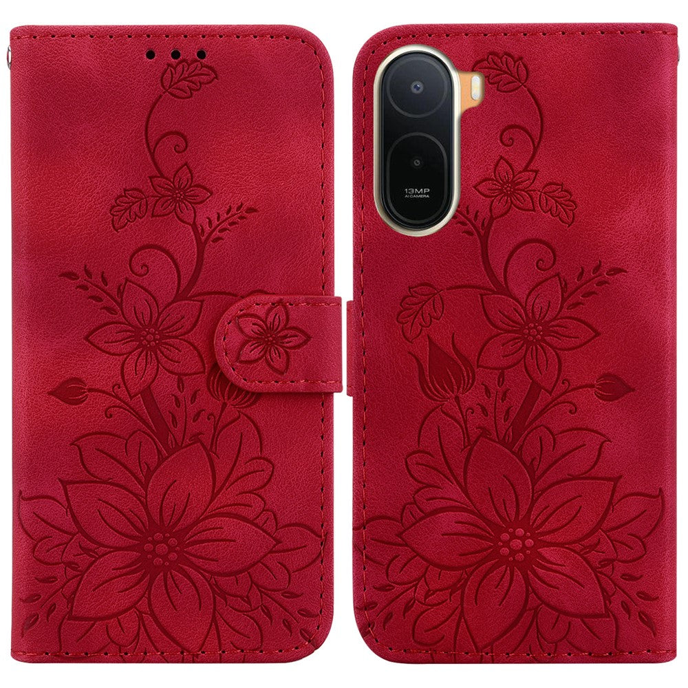Stand Case For Xiaomi Poco C85x 5G / Redmi A7 Pro 4G (171.56mm) / Redmi A7 Pro 5G Lily Flower Imprint Leather Phone Cover with Wrist Strap