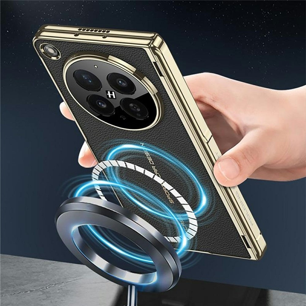 GKK Magnetiskt Skal För Oppo Find N6 5G - Dubbelt Centralaxels Hängstycke - Litchitexturerat Läder - PC Stativ - mobilskal med Härdat Glas - Film