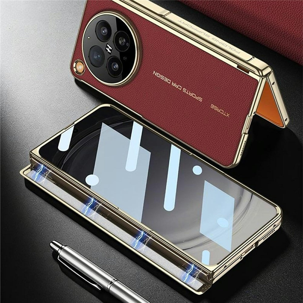 GKK Magnetiskt Skal För Oppo Find N6 5G - Dubbelt Centralaxels Hängstycke - Litchitexturerat Läder - PC Stativ - mobilskal med Härdat Glas - Film