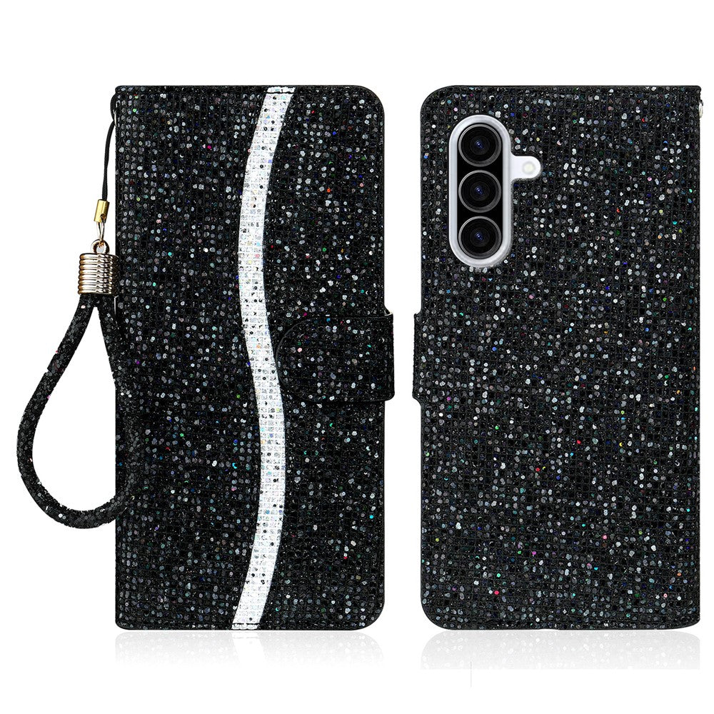 Samsung Galaxy A27 5G-skal i PU-läder med plånbok och korthållare, glitter, mobilskal