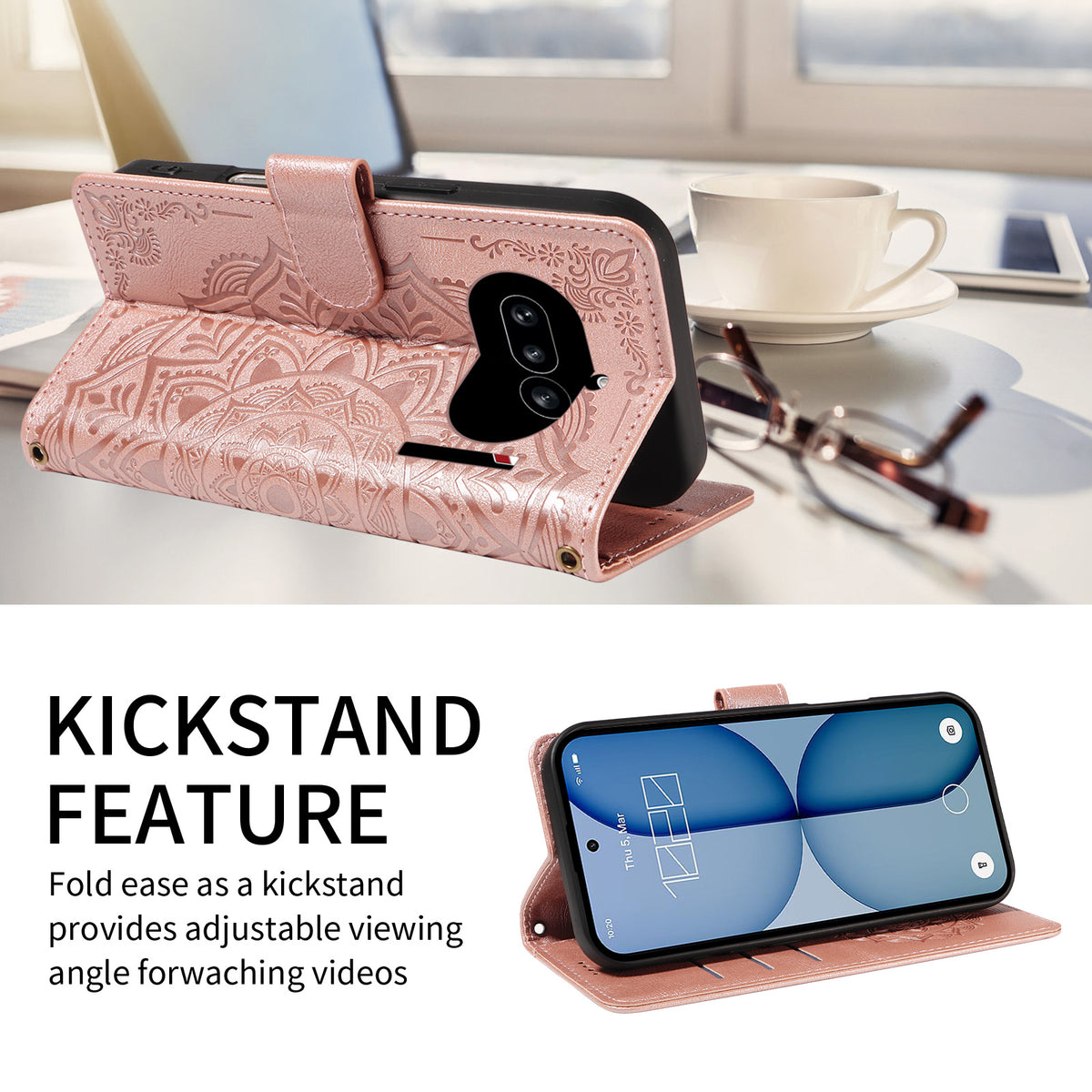 For Nothing Phone (4a) Wallet Case Embossed Mandala Pattern PU Leather + TPU Cover with Wrist Strap