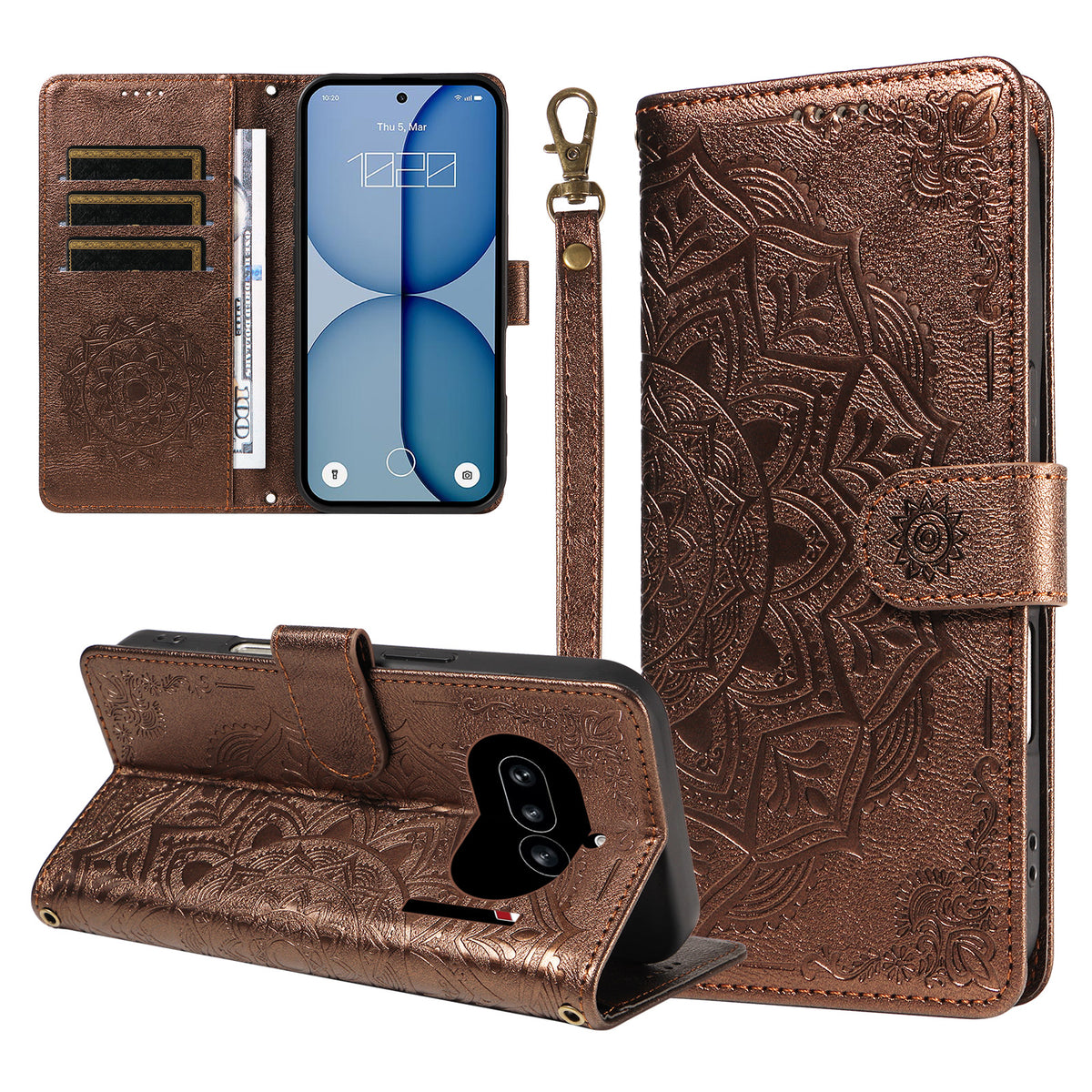 For Nothing Phone (4a) Wallet Case Embossed Mandala Pattern PU Leather + TPU Cover with Wrist Strap