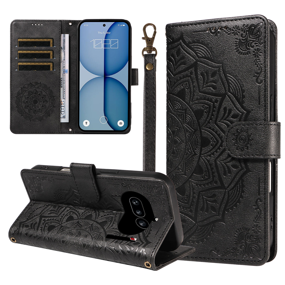 For Nothing Phone (4a) Wallet Case Embossed Mandala Pattern PU Leather + TPU Cover with Wrist Strap