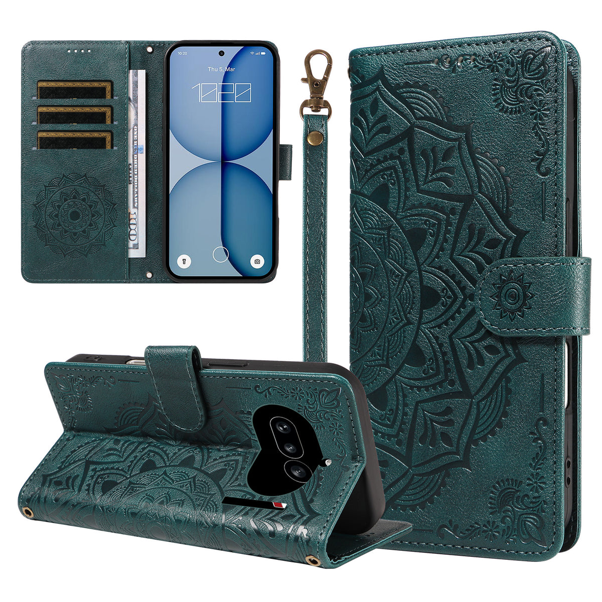 For Nothing Phone (4a) Wallet Case Embossed Mandala Pattern PU Leather + TPU Cover with Wrist Strap
