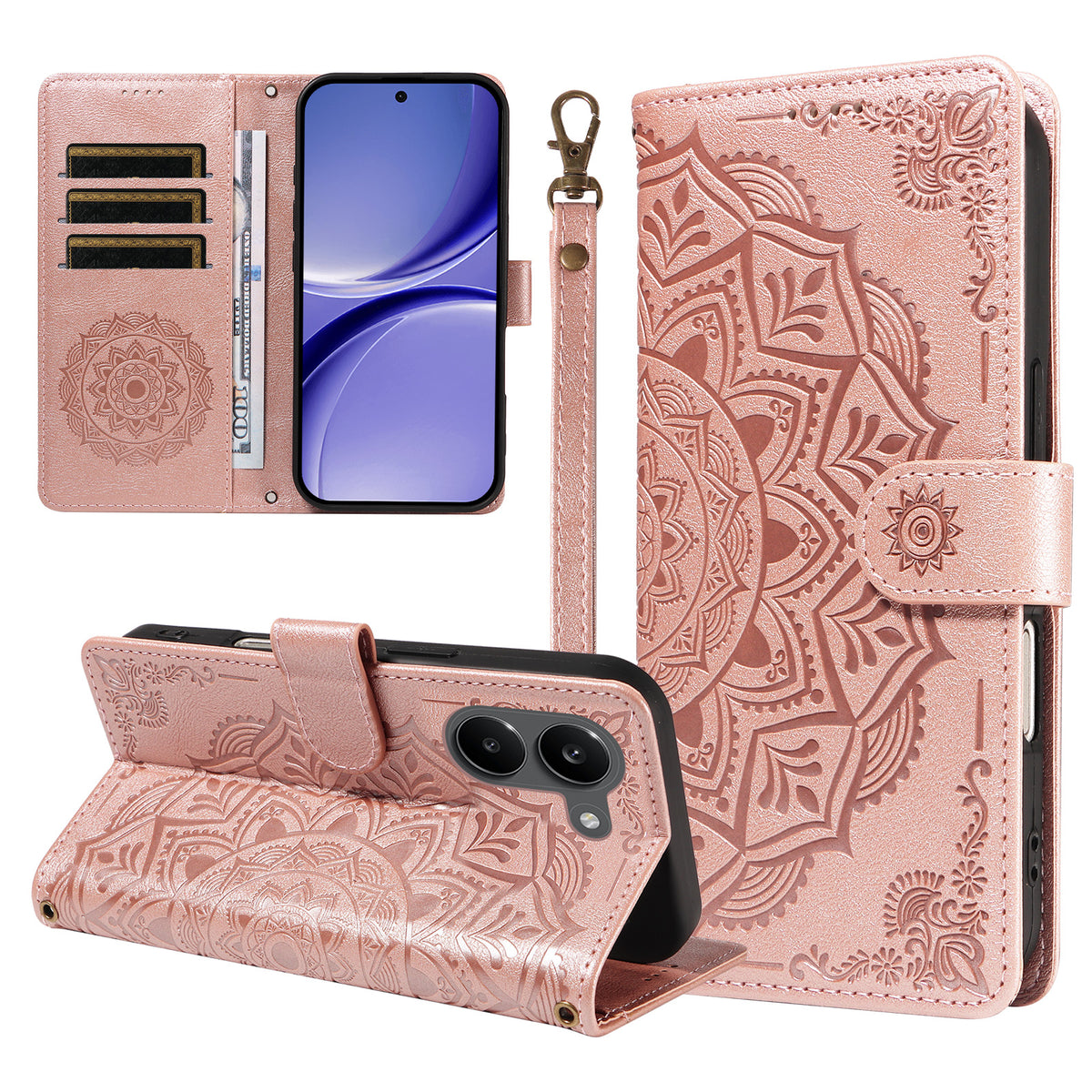 For Xiaomi Poco X8 Pro 5G / Xiaomi Redmi Turbo 5 5G Wallet Case Embossed Mandala Pattern PU Leather + TPU Cover with Wrist Strap