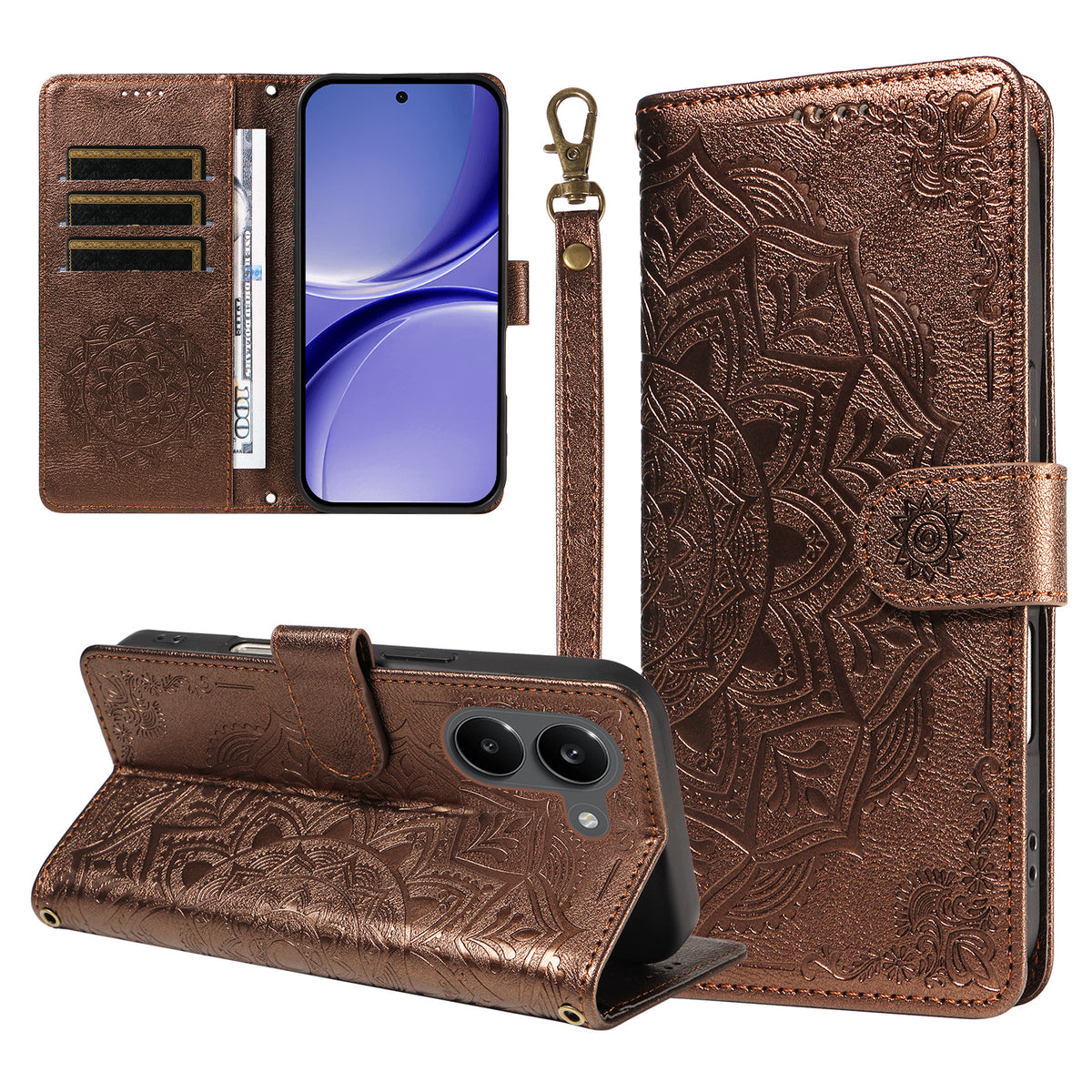 For Xiaomi Poco X8 Pro 5G / Xiaomi Redmi Turbo 5 5G Wallet Case Embossed Mandala Pattern PU Leather + TPU Cover with Wrist Strap