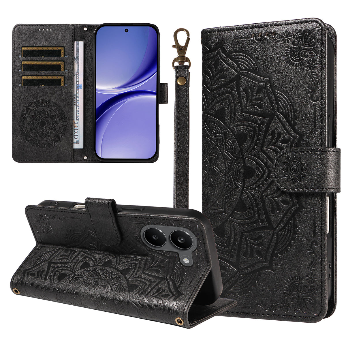For Xiaomi Poco X8 Pro 5G / Xiaomi Redmi Turbo 5 5G Wallet Case Embossed Mandala Pattern PU Leather + TPU Cover with Wrist Strap