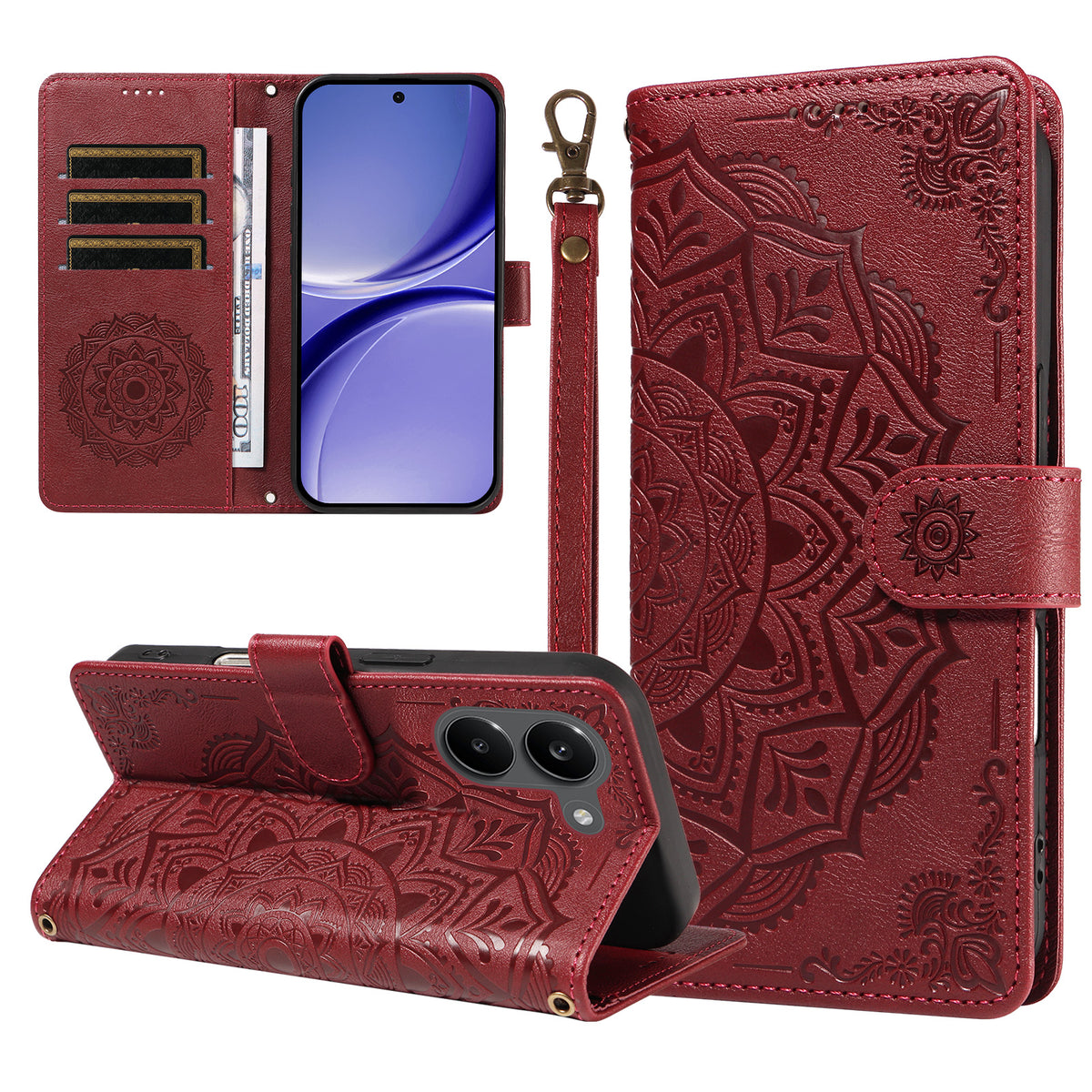 For Xiaomi Poco X8 Pro 5G / Xiaomi Redmi Turbo 5 5G Wallet Case Embossed Mandala Pattern PU Leather + TPU Cover with Wrist Strap