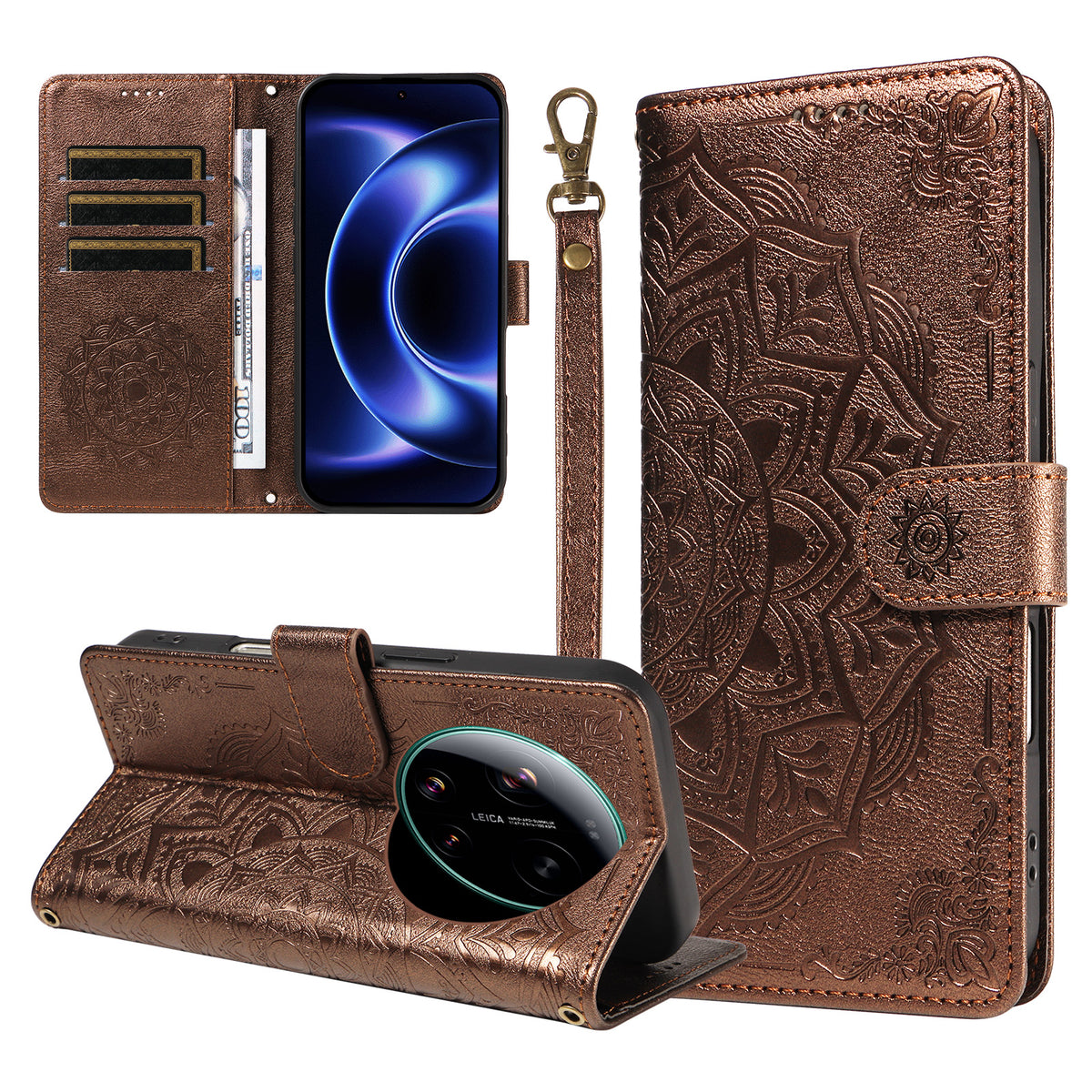 For Xiaomi 17 Ultra 5G Wallet Case Embossed Mandala Pattern PU Leather + TPU Cover with Wrist Strap
