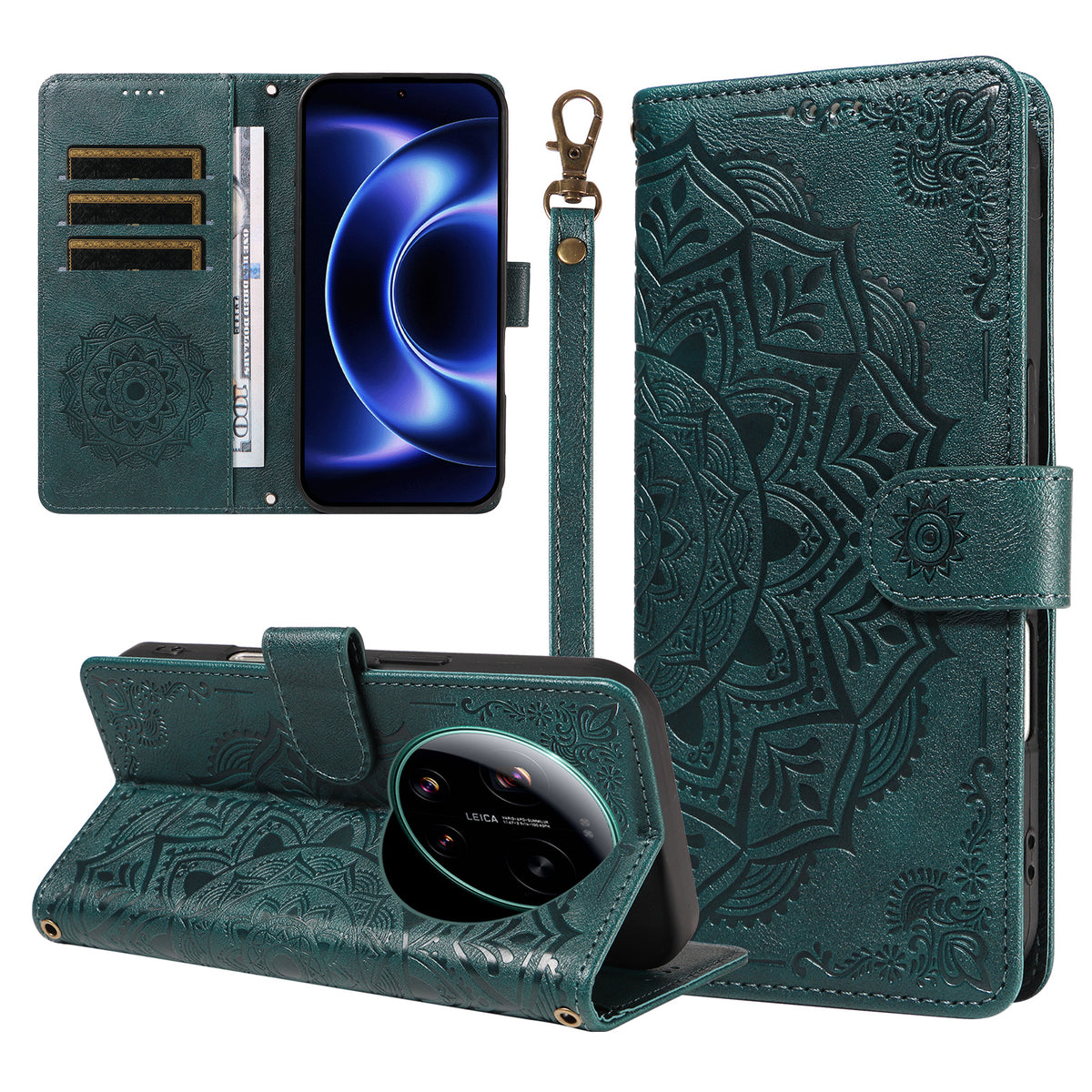 For Xiaomi 17 Ultra 5G Wallet Case Embossed Mandala Pattern PU Leather + TPU Cover with Wrist Strap